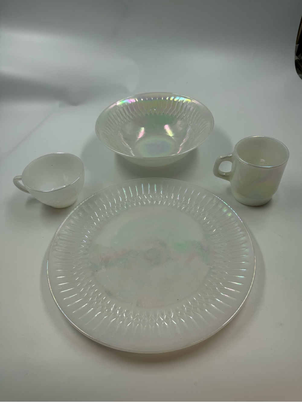 Vintage iridescent milk glass moon glow dishes plate bowl mug cup